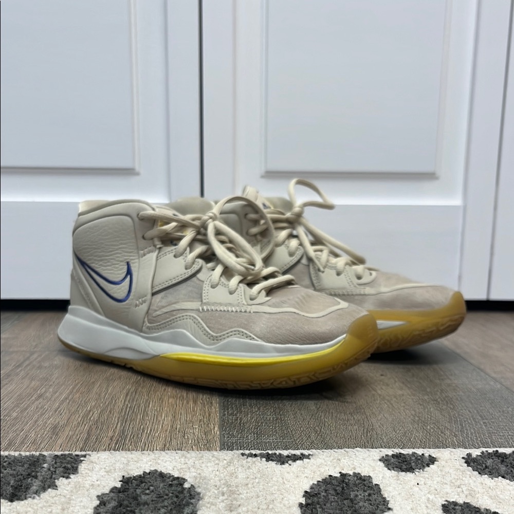 Nike Kyrie N7 | Beige High-Top Sneakers with Yellow Gum Sole and Blue Swoosh